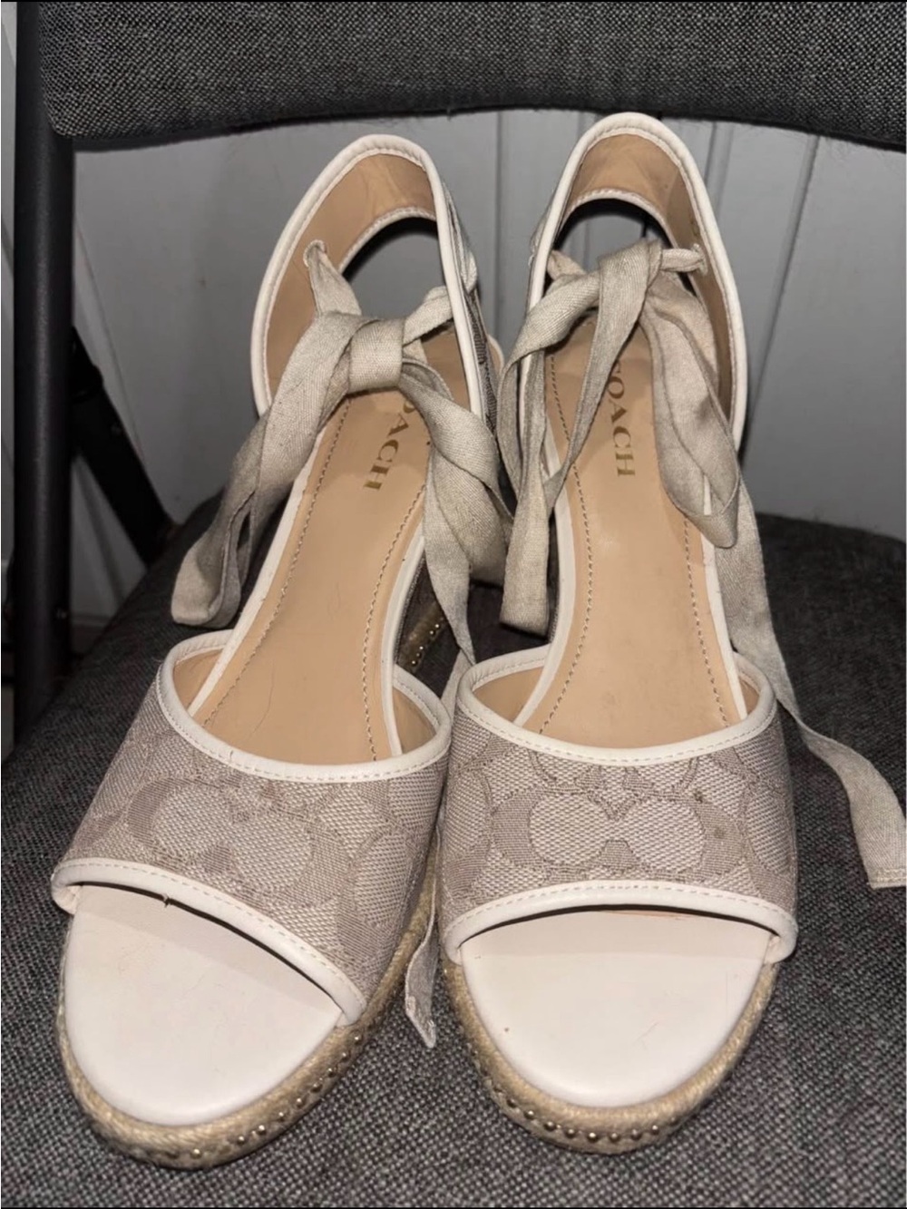 Coach Beige Canvas Signature Espadrille Wedge Sandals with Ankle Ties